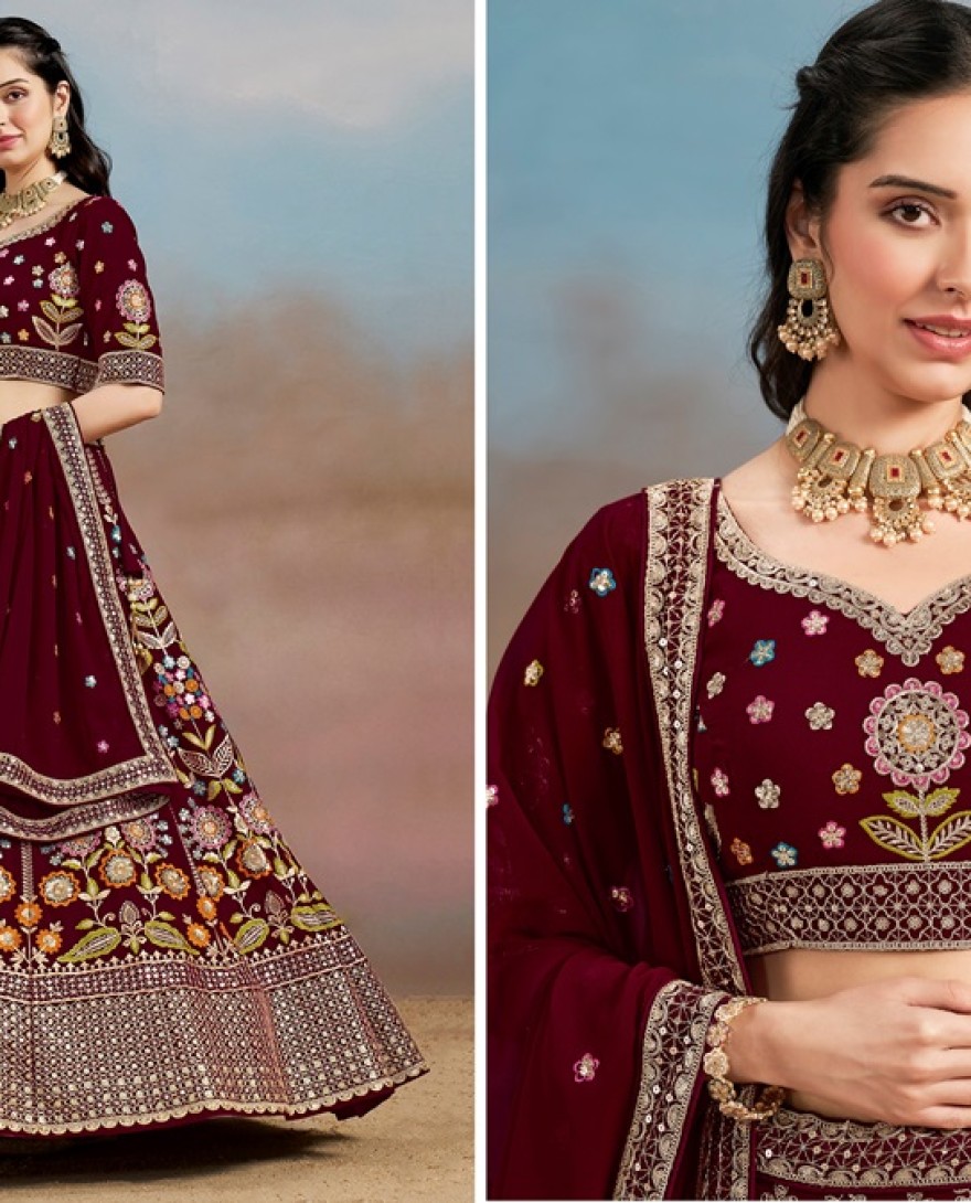 6008-Maroon - Stunning maroon Thread Work Georgette Engagement Wear Lehenga With Blouse